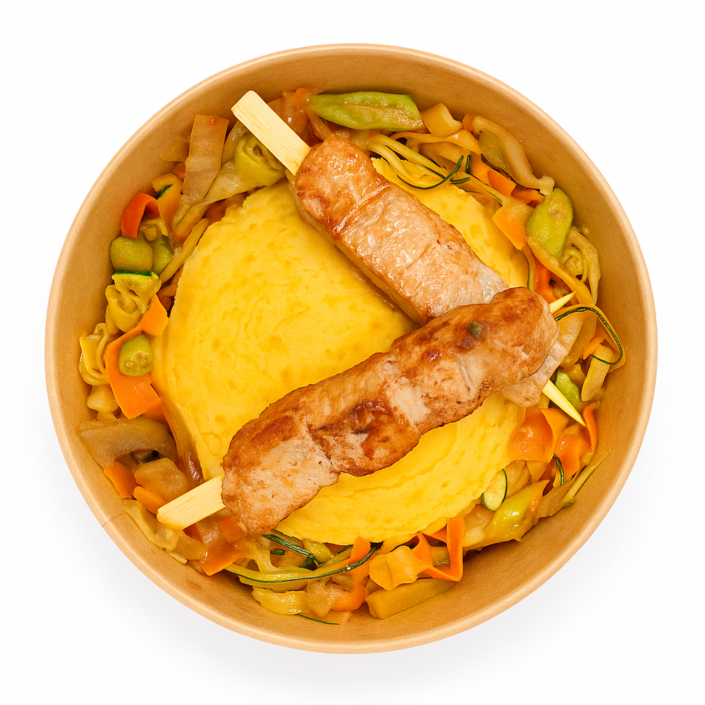 Ecrasé de patate douce au lait de coco & brochettes de poulet