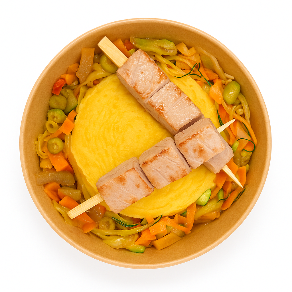 Ecrasé de patate douce au lait de coco & brochettes de thon