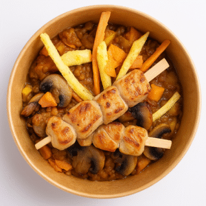 Lentilles aux légumes pays + brochette de poulet